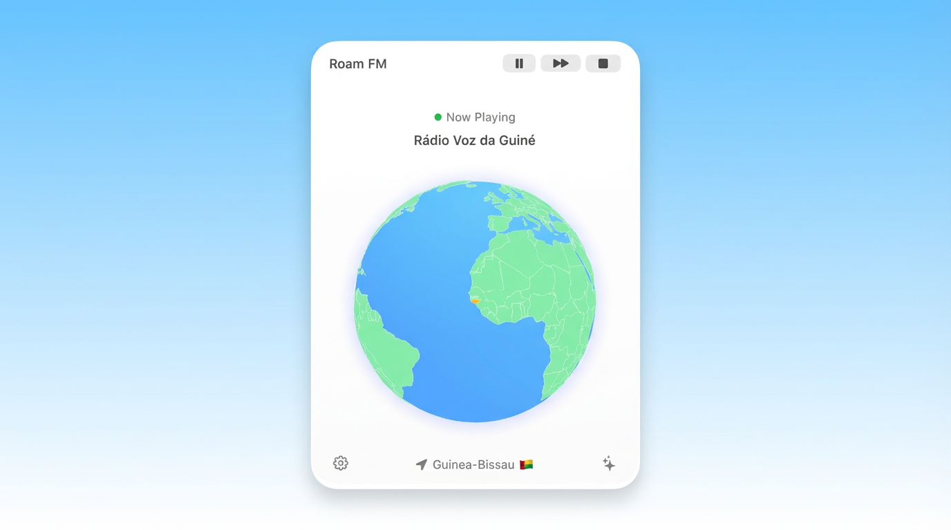 Roam FM 界面截图,显示 3D 地球和电台信息