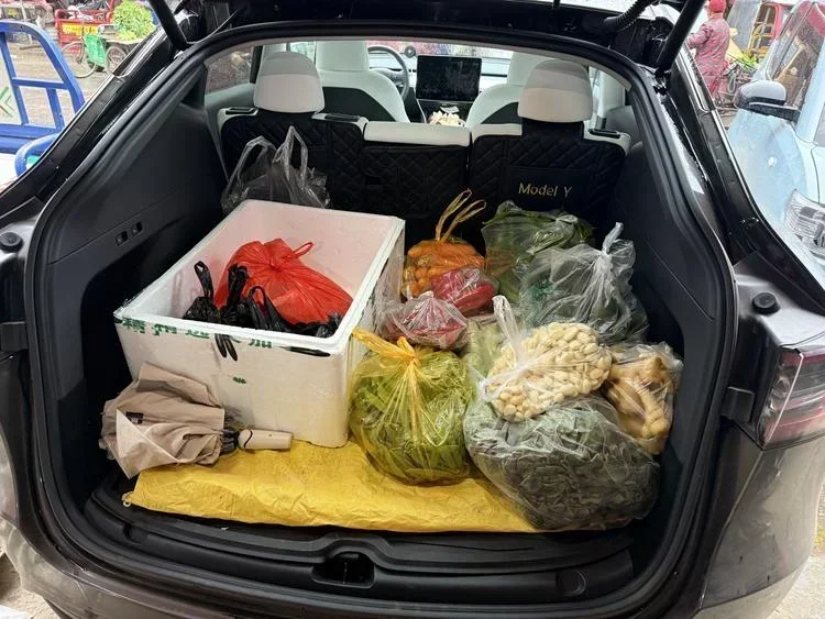 后备箱装满了各种蔬菜和食材