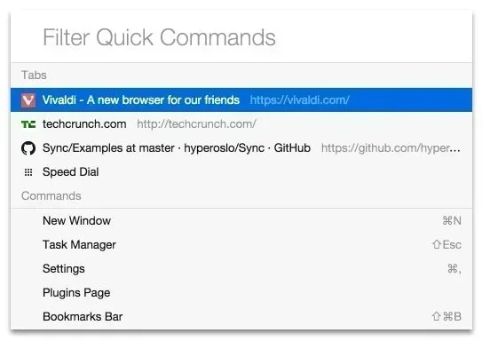 Vivaldi 浏览器的快捷命令功能